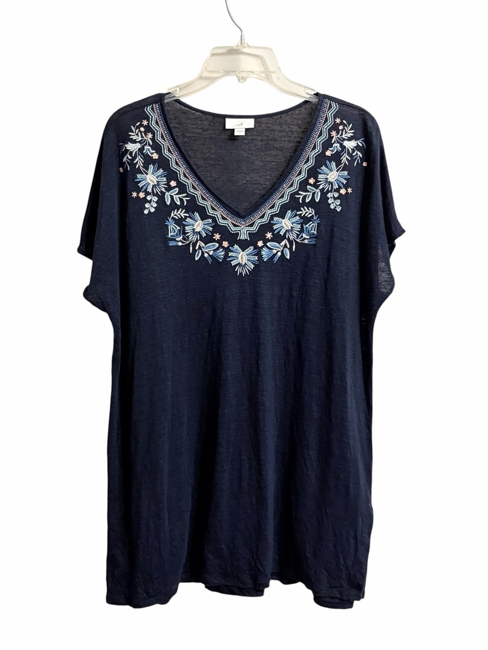 J. Jill Boho Embroidered Linen Tunic T Shirt L Blue Oversized Coastal Grandma